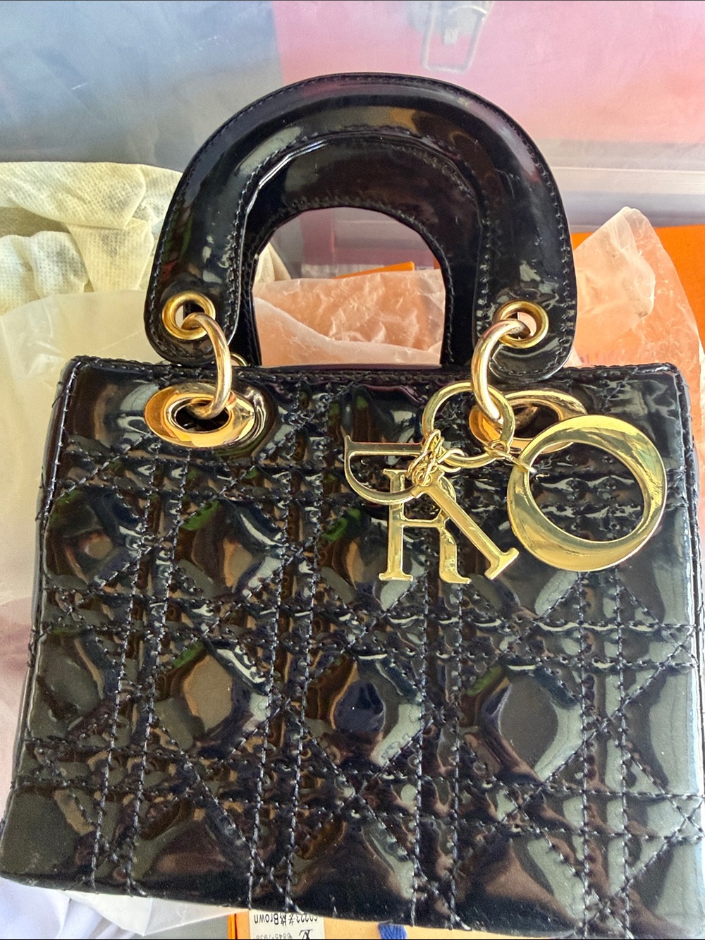 Christian Dior Black Patent Mini Lady Dior Top-Handle Bag